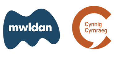 Mwldan blue logo on left, Cynnig Cymraeg orange logo on right