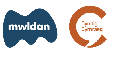 Mwldan blue logo on left, Cynnig Cymraeg orange logo on right
